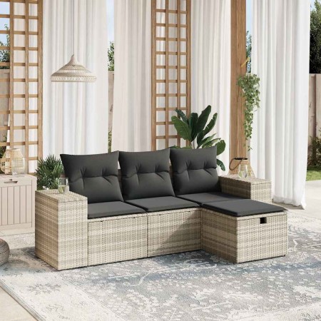 vidaXL 4-tlg. Garten-Sofagarnitur mit Kissen Hellgrau Poly Rattan