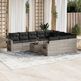 vidaXL 11-tlg. Garten-Sofagarnitur mit Kissen Hellgrau Poly Rattan