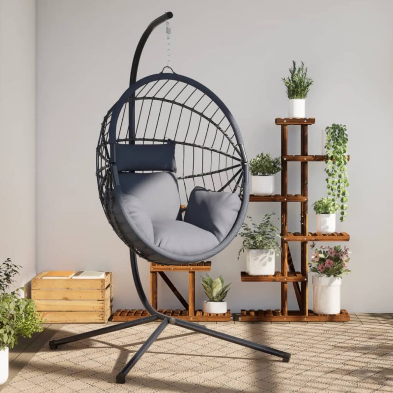 vidaXL Hängesessel Ei-Design mit Ständer Grau Rattan und Stahl vidaXL Hängesessel Ei-Design mit Ständer Grau Rattan und Stahl