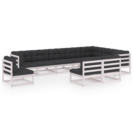 10-tlg. Garten-Lounge-Set mit Kissen Weiß Kiefer Massivholz