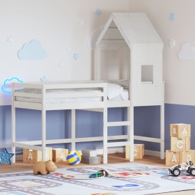 vidaXL Hochbett mit Leiter und Dach Weiß 90x200 cm Massivholz Kiefer