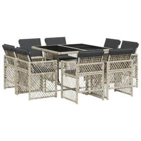vidaXL 9-tlg. Garten-Essgruppe mit Kissen Hellgrau Poly Rattan