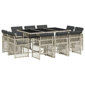 vidaXL 11-tlg. Garten-Essgruppe mit Kissen Hellgrau Poly Rattan