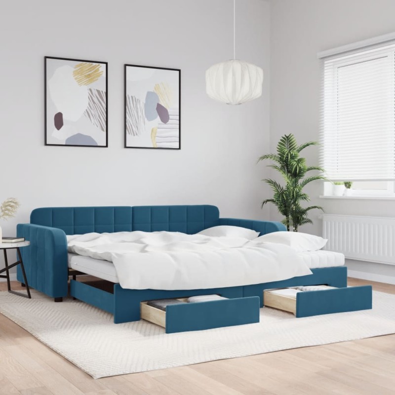 vidaXL Tagesbett Ausziehbar mit Schubladen Blau 100x200 cm Samt vidaXL Tagesbett Ausziehbar mit Schubladen Blau 100x200 cm Samt