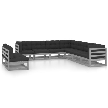 9-tlg. Garten-Lounge-Set mit Kissen Grau Kiefer Massivholz