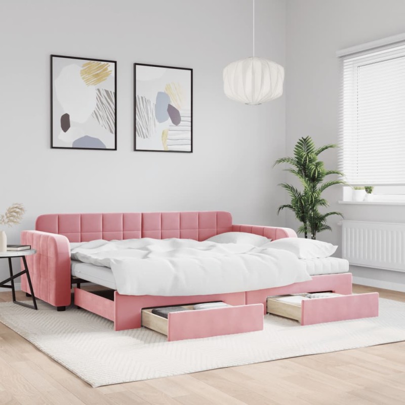 vidaXL Tagesbett Ausziehbar mit Schubladen Rosa 90x200 cm Samt vidaXL Tagesbett Ausziehbar mit Schubladen Rosa 90x200 cm Samt
