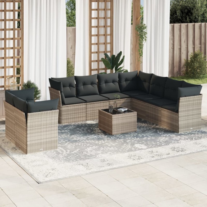 vidaXL 10-tlg. Garten-Sofagarnitur mit Kissen Hellgrau Poly Rattan vidaXL 10-tlg. Garten-Sofagarnitur mit Kissen Hellgrau Poly Rattan