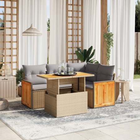 vidaXL 5-tlg. Garten-Sofagarnitur mit Kissen Beige Poly Rattan