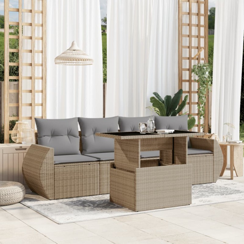 vidaXL 5-tlg. Garten-Sofagarnitur mit Kissen Beige Poly Rattan vidaXL 5-tlg. Garten-Sofagarnitur mit Kissen Beige Poly Rattan