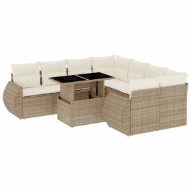 vidaXL 9-tlg. Garten-Sofagarnitur mit Kissen Beige Poly Rattan