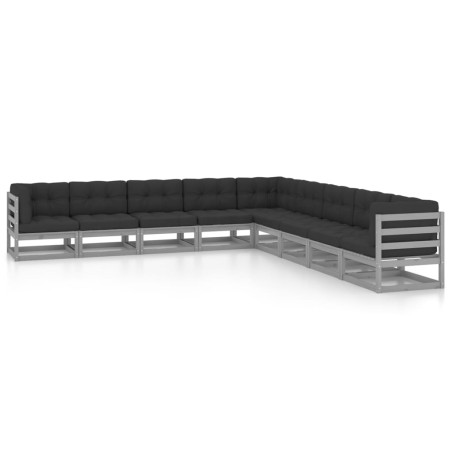 9-tlg. Garten-Lounge-Set mit Kissen Grau Kiefer Massivholz