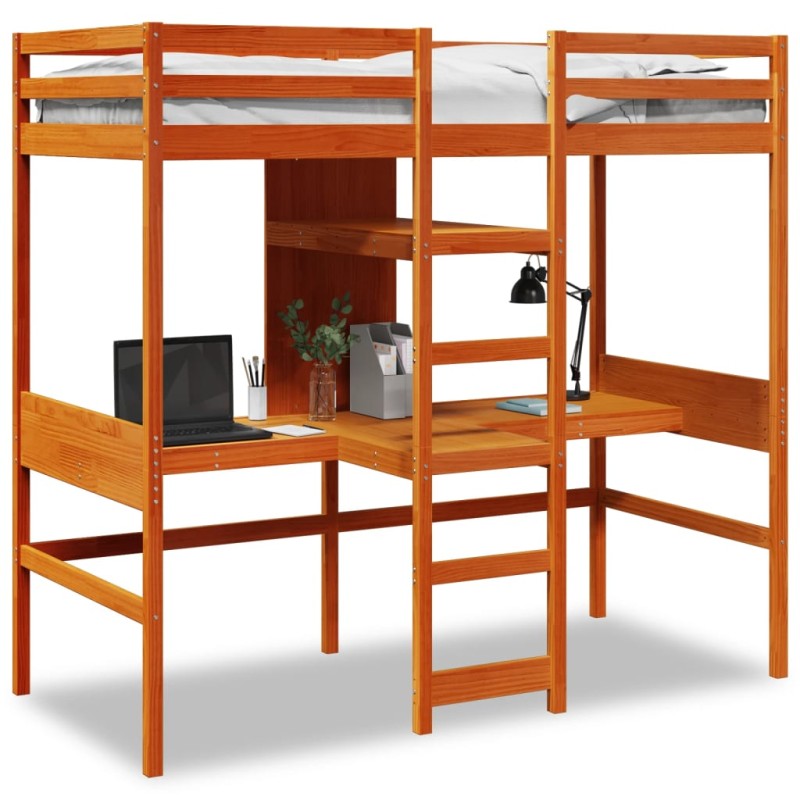 vidaXL Hochbett mit Schreibtisch & Ablagen Braun 90x200 cm Kiefernholz vidaXL Hochbett mit Schreibtisch & Ablagen Braun 90x200 cm Kiefernholz