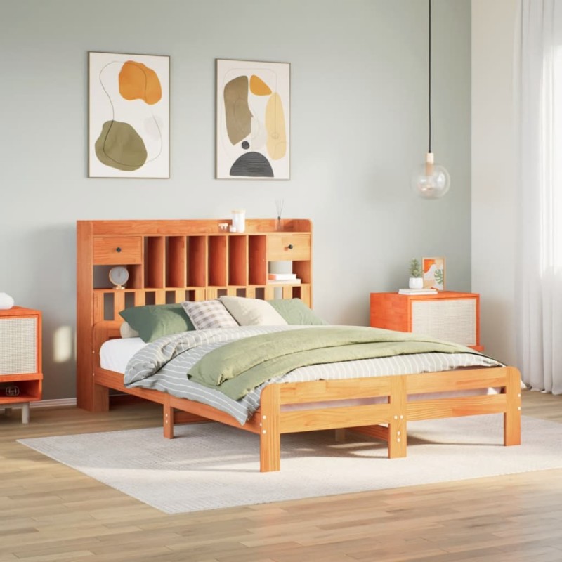 vidaXL Massivholzbett mit Regal ohne Matratze Wachsbraun 140x200 cm vidaXL Massivholzbett mit Regal ohne Matratze Wachsbraun 140x200 cm