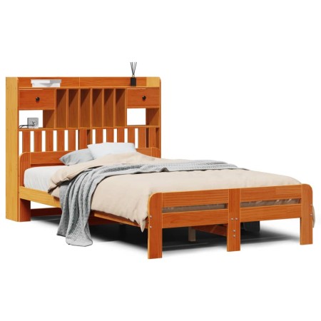 vidaXL Massivholzbett mit Regal ohne Matratze Wachsbraun 135x190 cm