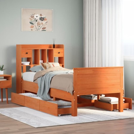 vidaXL Massivholzbett mit Regal ohne Matratze Wachsbraun 100x200 cm
