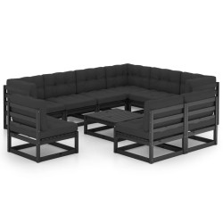 10-tlg. Garten-Lounge-Set mit Kissen Schwarz Kiefer Massivholz