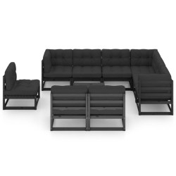 10-tlg. Garten-Lounge-Set mit Kissen Schwarz Kiefer Massivholz