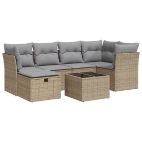 vidaXL 7-tlg. Garten-Sofagarnitur mit Kissen Beige Poly Rattan