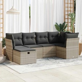 vidaXL 6-tlg. Garten-Sofagarnitur mit Kissen Hellgrau Poly Rattan