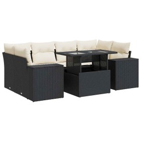 vidaXL 7-tlg. Garten-Sofagarnitur mit Kissen Schwarz Poly Rattan