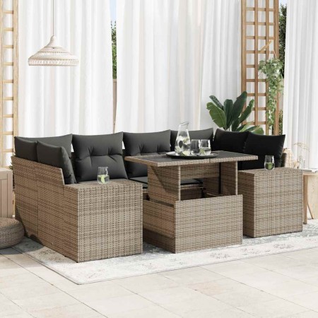 vidaXL 7-tlg. Garten-Sofagarnitur mit Kissen Grau Poly Rattan