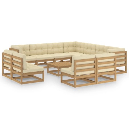 12-tlg. Garten-Lounge-Set Kissen Honigbraun Kiefer Massivholz