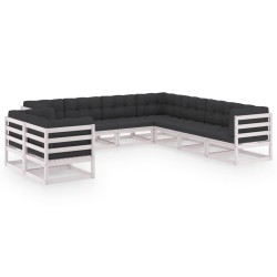 9-tlg. Garten-Lounge-Set mit Kissen Weiß Kiefer Massivholz