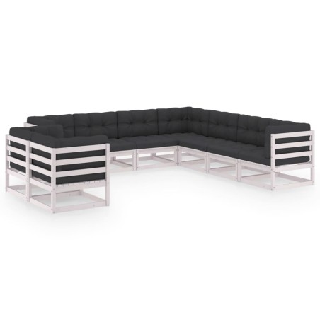 9-tlg. Garten-Lounge-Set mit Kissen Weiß Kiefer Massivholz