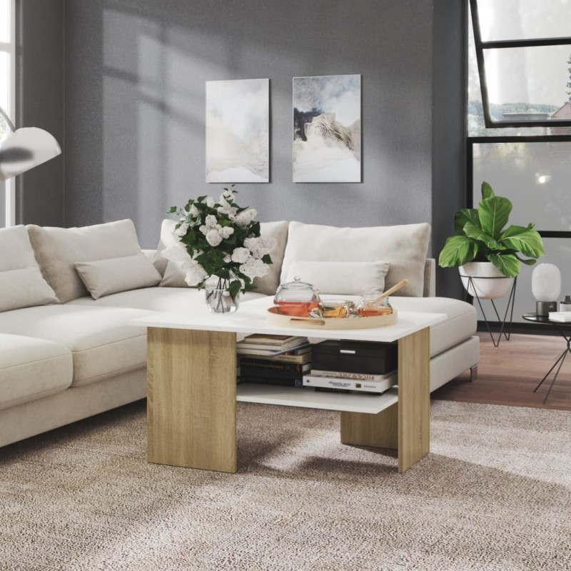 vidaXL Couchtisch Weiß und Sonoma-Eiche 90x60x46,5 cm Holzwerkstoff vidaXL Couchtisch Weiß und Sonoma-Eiche 90x60x46,5 cm Holzwerkstoff