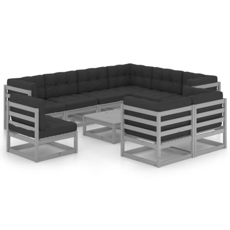 10-tlg. Garten-Lounge-Set mit Kissen Grau Kiefer Massivholz