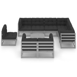 10-tlg. Garten-Lounge-Set mit Kissen Grau Kiefer Massivholz