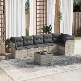 vidaXL 7-tlg. Garten-Sofagarnitur mit Kissen Hellgrau Poly Rattan