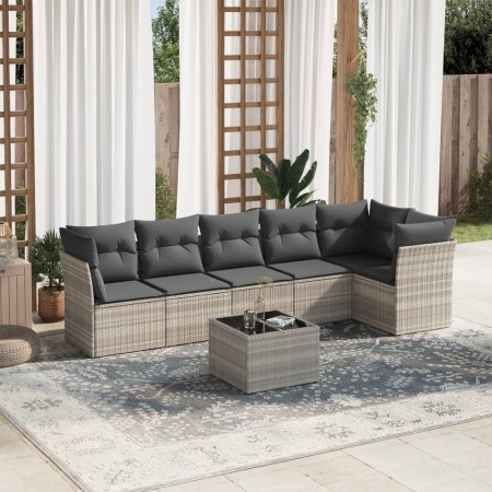 vidaXL 7-tlg. Garten-Sofagarnitur mit Kissen Hellgrau Poly Rattan