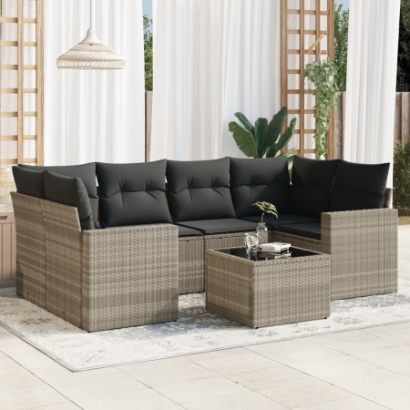 vidaXL 7-tlg. Garten-Sofagarnitur mit Kissen Hellgrau Poly Rattan