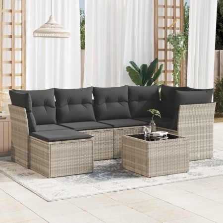 vidaXL 7-tlg. Garten-Sofagarnitur mit Kissen Hellgrau Poly Rattan