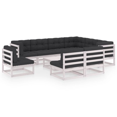 10-tlg. Garten-Lounge-Set mit Kissen Weiß Kiefer Massivholz