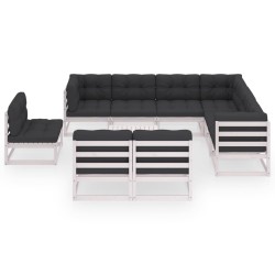 10-tlg. Garten-Lounge-Set mit Kissen Weiß Kiefer Massivholz