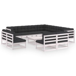 12-tlg. Garten-Lounge-Set mit Kissen Weiß Kiefer Massivholz