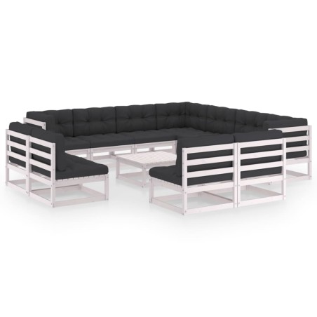 12-tlg. Garten-Lounge-Set mit Kissen Weiß Kiefer Massivholz