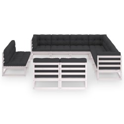 12-tlg. Garten-Lounge-Set mit Kissen Weiß Kiefer Massivholz