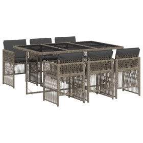vidaXL 7-tlg. Garten-Essgruppe mit Kissen Grau Poly Rattan