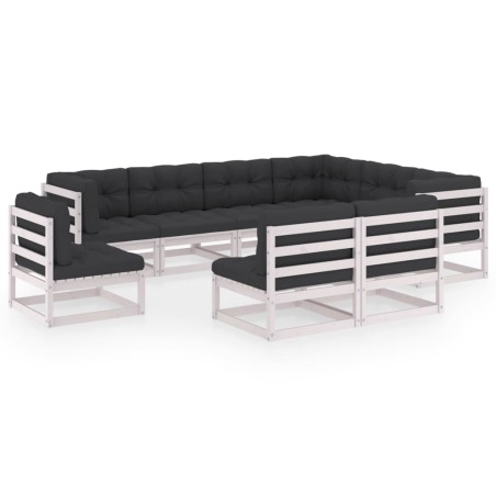 9-tlg. Garten-Lounge-Set mit Kissen Weiß Kiefer Massivholz