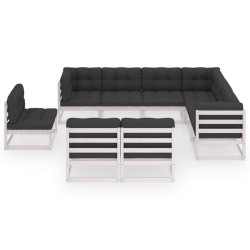 9-tlg. Garten-Lounge-Set mit Kissen Weiß Kiefer Massivholz