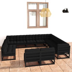 vidaXL 12-tlg. Garten-Lounge-Set mit Kissen Schwarz Massivholz Kiefer