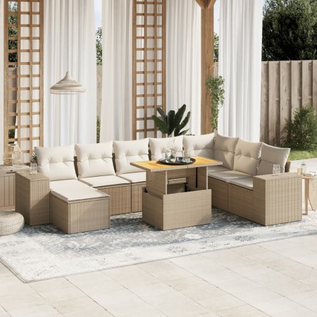 vidaXL 9-tlg. Garten-Sofagarnitur mit Kissen Beige Poly Rattan