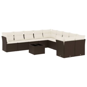 vidaXL 11-tlg. Garten-Sofagarnitur mit Kissen Braun Poly Rattan