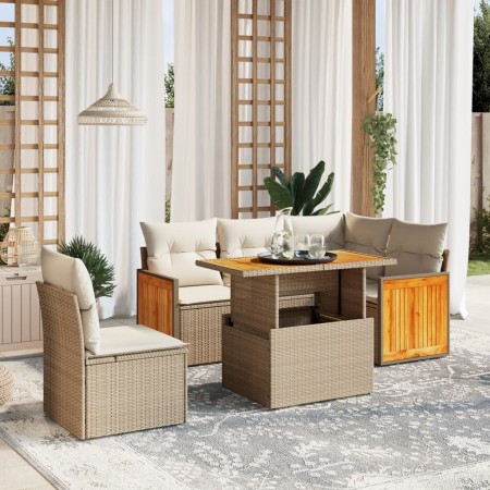 vidaXL 6-tlg. Garten-Sofagarnitur mit Kissen Beige Poly Rattan