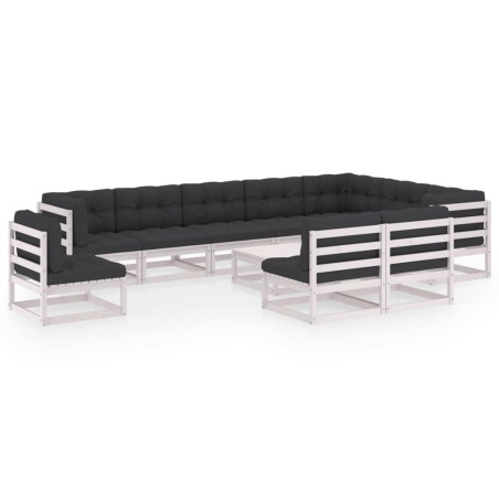 vidaXL 11-tlg. Garten-Lounge-Set mit Kissen Weiß Kiefer Massivholz