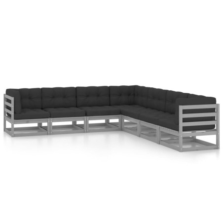 7-tlg. Garten-Lounge-Set mit Kissen Grau Kiefer Massivholz