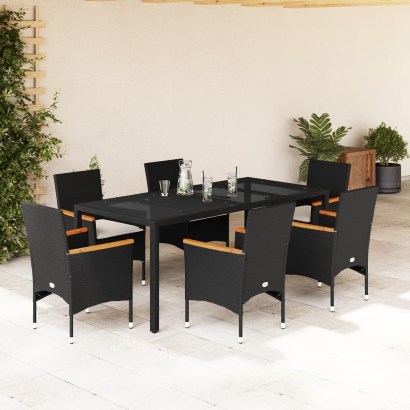 vidaXL 7-tlg. Garten-Essgruppe mit Kissen Schwarz Poly Rattan Glas vidaXL 7-tlg. Garten-Essgruppe mit Kissen Schwarz Poly Rattan Glas